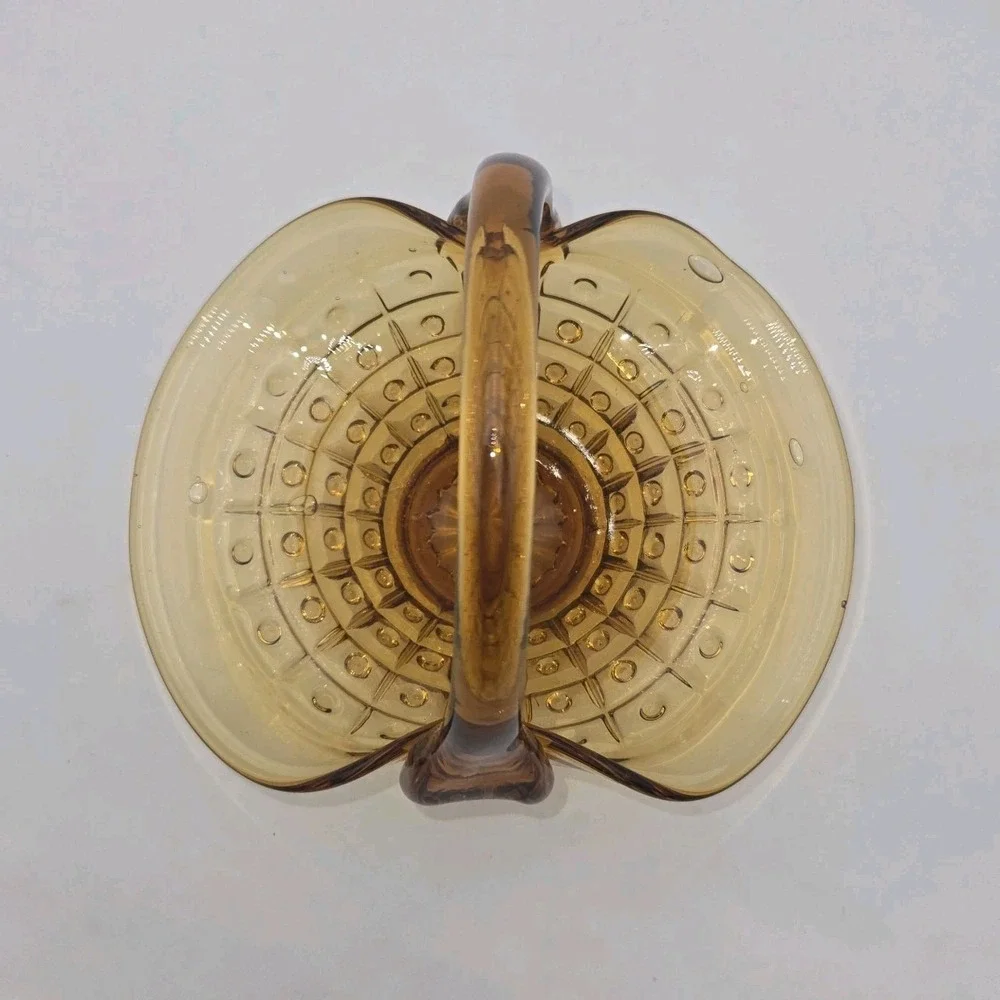 L.E. Smith Amber‎ Glass Basket  Button Panel Pattern  Vintage Mid-Century Candy